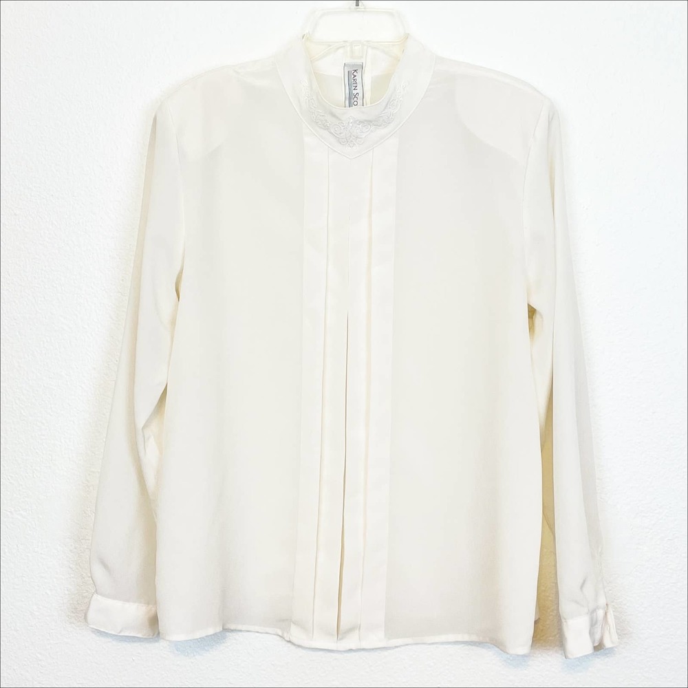 Vintage Karen Scott Mock Neck Chiffon Pleated Blouse Long Sleeve White 12